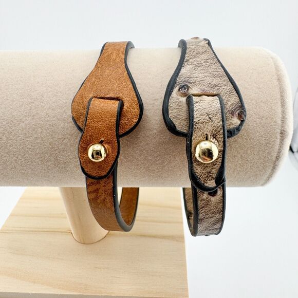 2 Faux Leather Belt Bracelets Ostrich Tan Brown Casual Minimalist Preppy - Picture 4 of 9